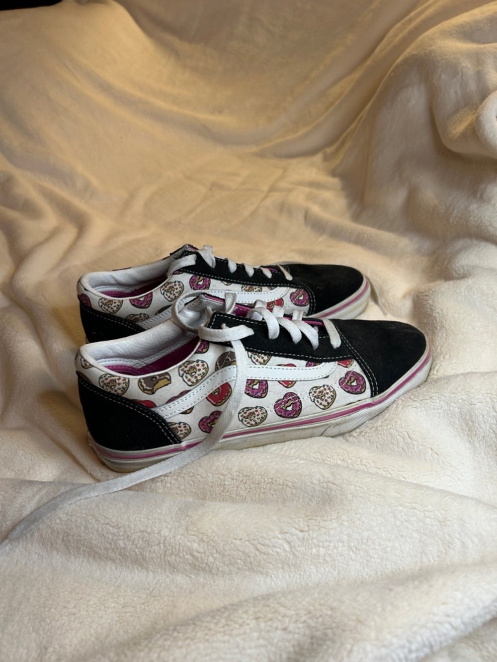 Vans Big Kids Black and White Sneakers with Pink Donut Pattern